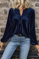 Solid Color Velvet V-neck Long-sleeved Loose Button Top
