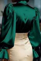 Solid Color Satin Puff Sleeve Casual Button-down Shirt