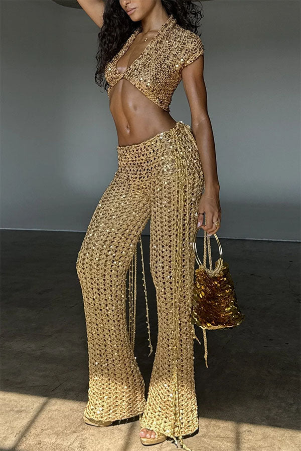 Gold Coast Knit Sequin Fabric Short Sleeve Crop Top and Adjustable Beaded Waist Loose Pants Set