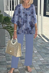 Fashion Round Neck Half Sleeve Loose Top and Elastic Waist Casual Straight Pants Set