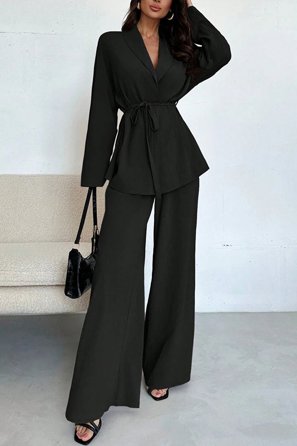 Solid Color Collared Long-sleeved Tie-wst Loose Top and Elastic Wst Casual Wide-leg Pants Set