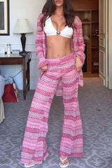 Beach Style Knit Unique Print Long Sleeve Kimono Shirt and Stretch Wide Leg Pants Set