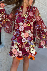 Flowers Blooming Embroidery Floral Applique Tiered Bell Sleeve Loose Mini Dress