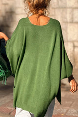 Fashion V-neck Loose Pocket Mid-length Knitted Poncho Sweater