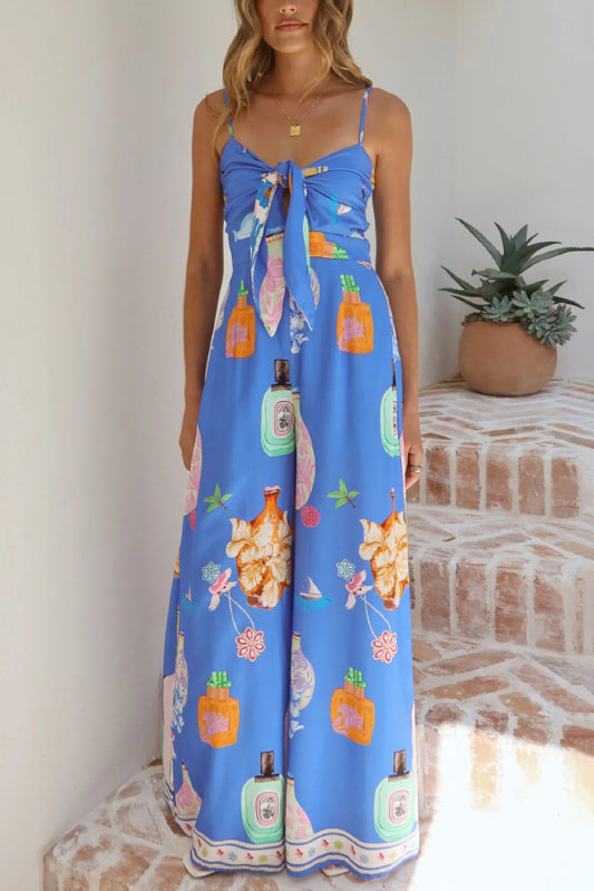 Perfume Bottle Print Strappy Fitted Waist Casual Pocket Wide-Leg Jumpsuit