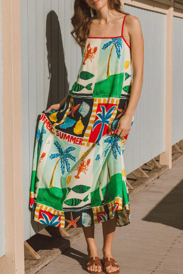 Summer-themed Printed Square Neck Sleeveless Pocket Loose Maxi Dress