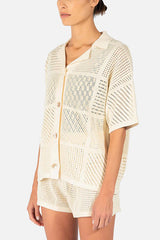 Solid Color Casual Cutout Button Shirt and Elastic Waist Drawstring Shorts Set