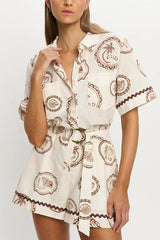 Resort Style Print Lapel Short Sleeves Casual Pocket Waist Tie Loose Rompers