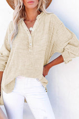 Solid Color Long Sleeve Pleated Button Loose Top