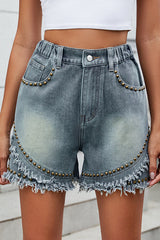 Fashion Rivet Raw Edge Casual Elastic Waist Denim Shorts