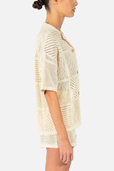 Solid Color Casual Cutout Button Shirt and Elastic Waist Drawstring Shorts Set