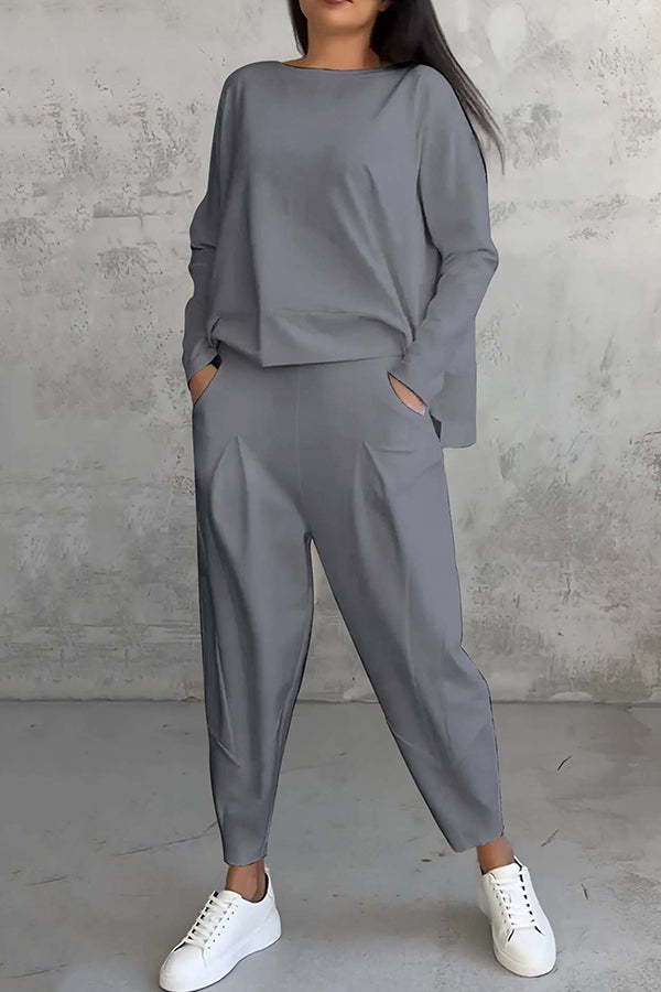 Solid Color Crew Neck Long-sleeved Irregular Loose Top and Elastic Waist Pocket Casual Pants Set