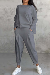 Solid Color Crew Neck Long-sleeved Irregular Loose Top and Elastic Waist Pocket Casual Pants Set