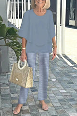 Fashion Round Neck Half Sleeve Loose Top and Elastic Waist Casual Straight Pants Set