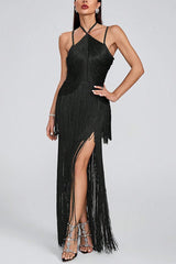 Sexy Halterneck Open Back Elegant Tassel Slim Maxi Dress