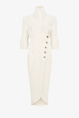 Elegant Look Linen Blend Stand Lapel Neck Half Sleeve Side Button Midi Dress