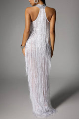 Glimmer Hour Shiny Layered Tassels Halter Cutout Neck Split Maxi Dress