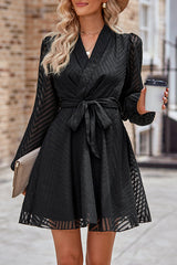 Striped Lace Cutout Belted Long Sleeve Mini Dress