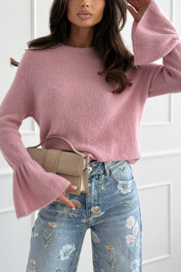 Spring Calling Knit Crew Neck Long Bell Sleeve Relaxed Sweater