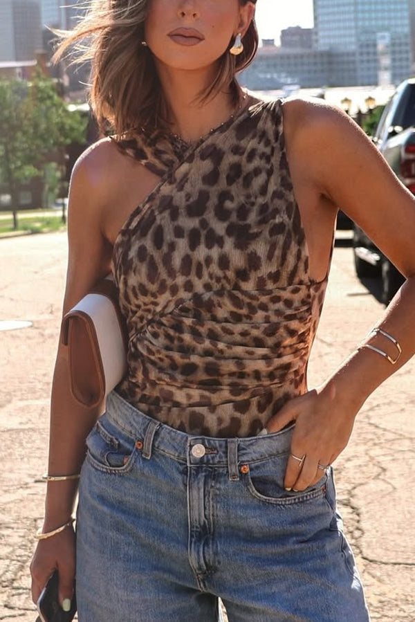 Leopard Print Asymmetric Mesh Pleated Slim-fit Rompers