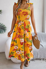 Plant Print Suspenders Pleated Holiday Beach Midi Dress