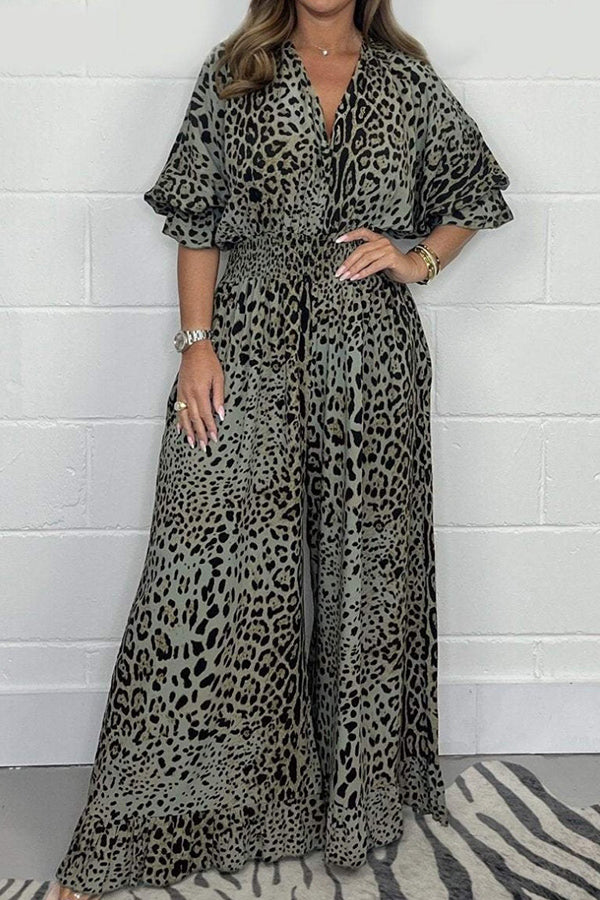 Leopard Print Casual V-neck Short-sleeved Waist Wide-leg Jumpsuit