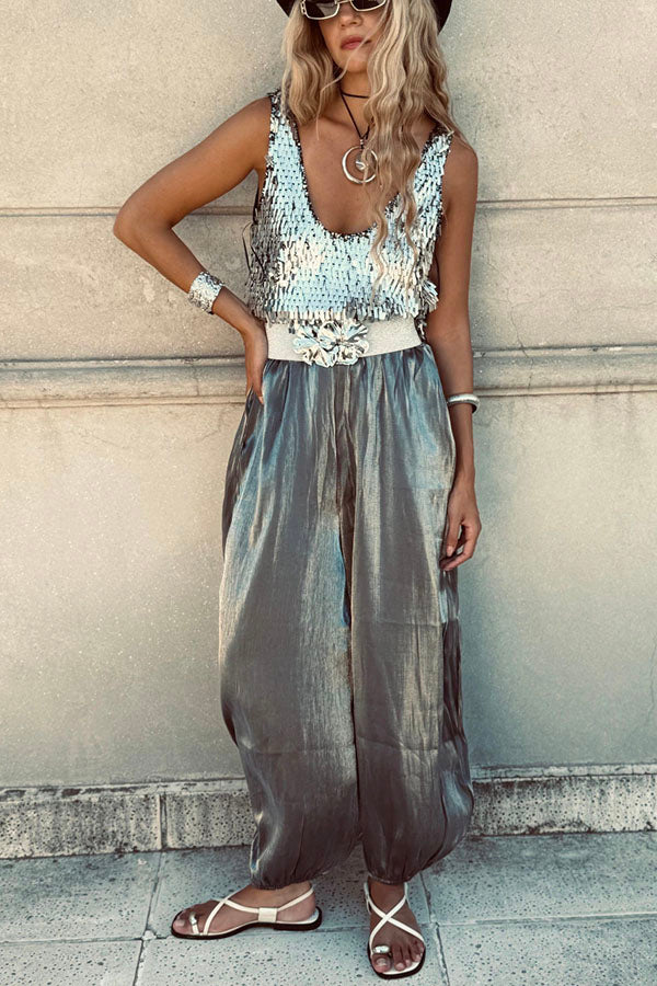 Chic Moment Glittery Fabric High Rise Elastic Wst Pocket Bubble Hem Pants