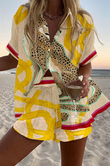 Leopard Print Loose Button Elastic Waist Shorts Set