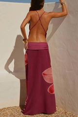 Sexy Deep V Backless Draped Camisole Top and Floral Print Chiffon Maxi Skirt Set