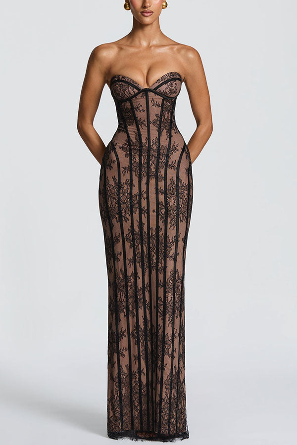 Sian Floral Lace Contrast Structural Detail Back Lace-up Strapless Slit Maxi Dress