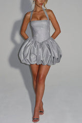 Araminta Glitter Fabric Square Halter Tie Neck Back Lace-up Fluffy Bubble Mini Dress