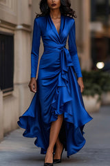 Solid Color Satin V-neck Long-sleeved Elegant Ruffled Maxi Dress