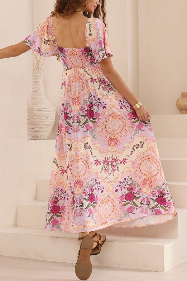 Plant Print Short-sleeved Square Neck Casual Pocket Holiday Midi Dress