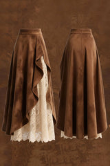 Stylish Suede and Lace Patchwork Elegant Asymmetrical Midi Skirt