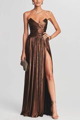 Goddess Temperament Metallic Pleated Fabric Off Shoulder Slit Maxi Dress