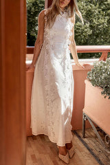 Mairi Embroidery Hollow Fabric Delicate Flower Trim Side Lace-up Maxi Dress