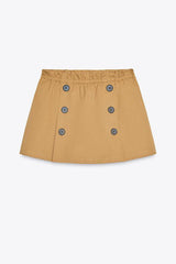 Chic Comfort Mid Rise Elastic Waist Contrast Buttons Pocket Mini Skort