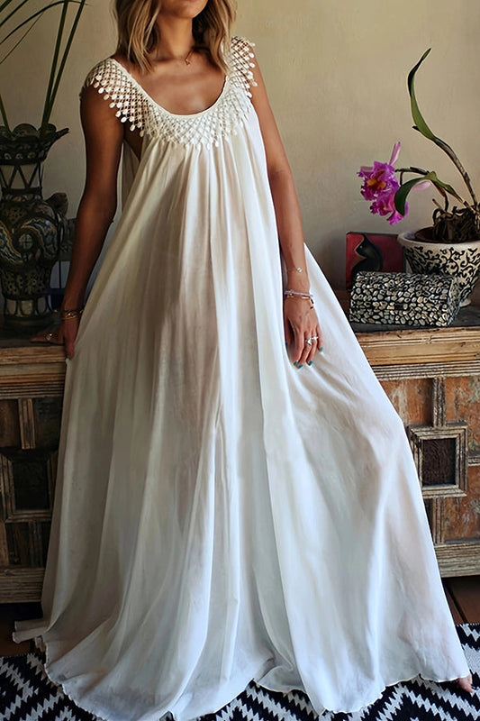 Solid Color Tassel Round Neck Stitching Loose Maxi Dress