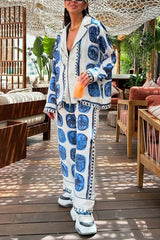 Unique Print Lapel Long Sleeve Shirt and Elastic Waist Wide Leg Pants Set