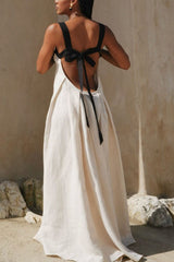 Jordina Linen Blend Colorblock Cups Backless Tie-up Loose Maxi Dress