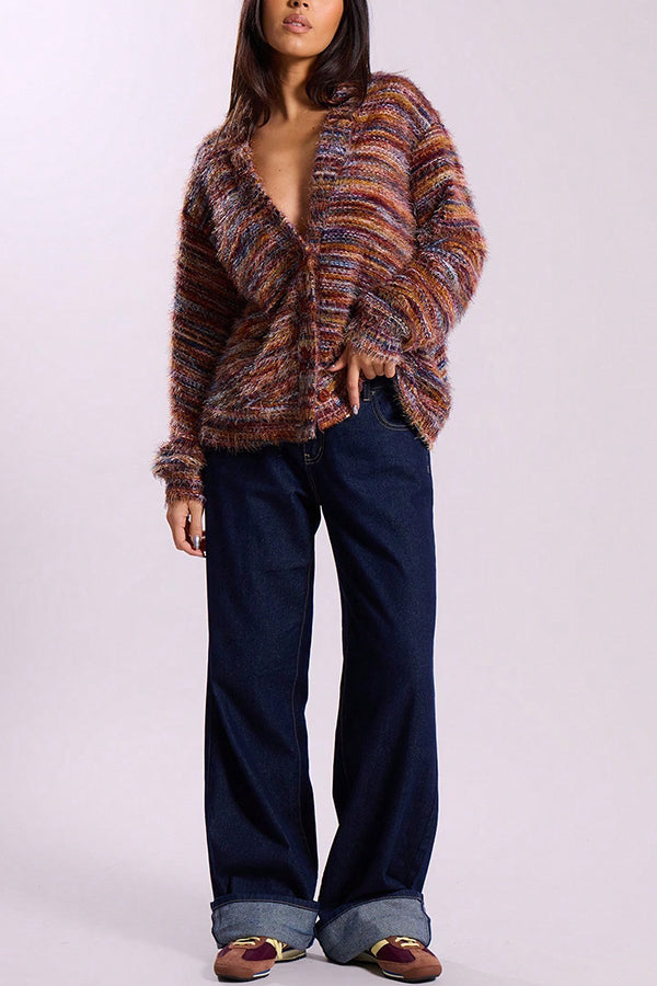Fashionable Mixed Color Loose V-neck Casual Knit Cardigan
