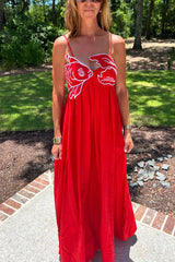 Red Fish Embroidered Sling Backless Maxi Dress
