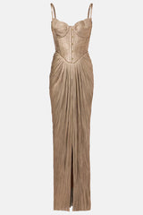 Vegas Queen Metallic Pleated Sculpted Bodice Back Lace-up Drape Maxi Dress