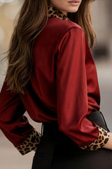 Satin Leopard Print Patchwork Casual Long-sleeved Shirt