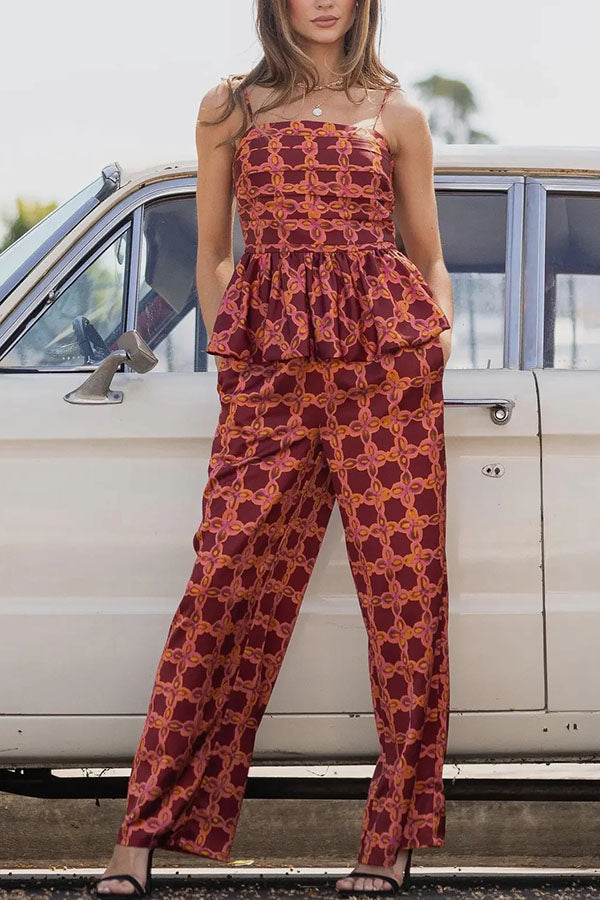 Chainlink Printed Bubble Back Pleated Slip Top and Elastic Waist Pocket Loose Pants Set