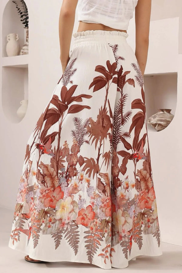 Leaf Print Casual Elastic Waist Pocket Loose Wide-leg Pants