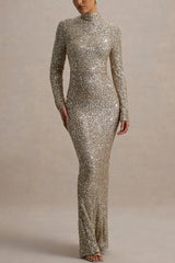 Galaxy Premium Sequin Turtle Neck Long Sleeve Maxi Dress