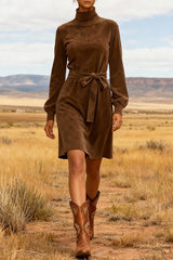 Stylish Suede Turtleneck Long-sleeved Tie-wst Casual Mini Dress