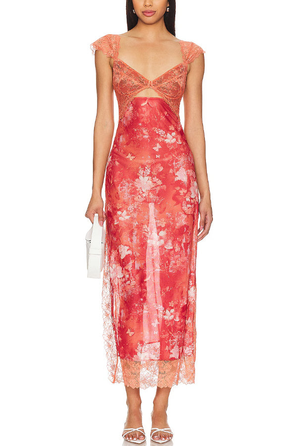 Floral Print Lace Patchwork Hollow-out Slim-fit Midi Dress