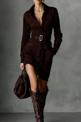 Fashion Suede Long Sleeve Waist Belt Pocket Slim Fit Mini Dress